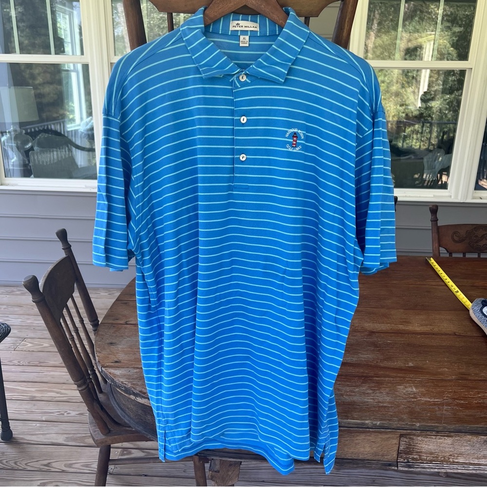 Peter Millar Golf Polo Shirt Men’s Blue Stripes Harbour Town Golf Links Size XL